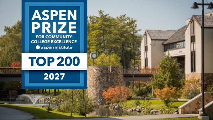 a beige academic building and bridge over a stream with a small fountain; a blue logo that reads Aspen Prize for Community College Excellende Top 200