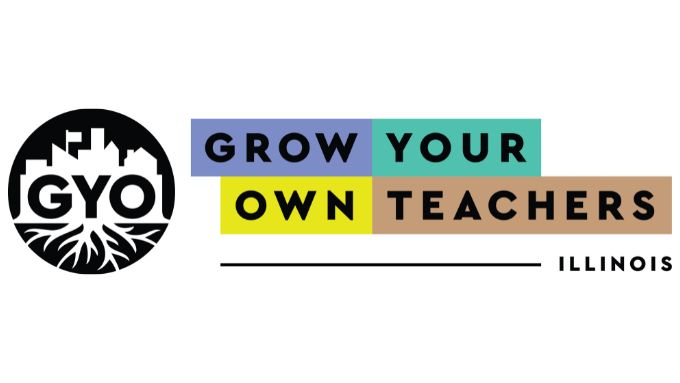 Grow Your Own Teachers Illinois logo with GYO in circle with tree and on left the words are in brown, yellow, blue and green color blocks.