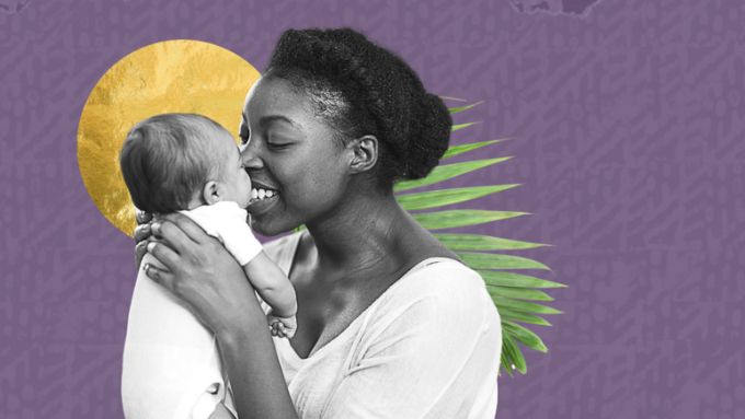 Black woman holding a black baby with a purple background