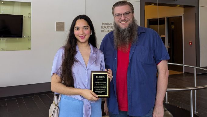 Zareen Hassan, the 2023-2024 Kyle D. Mitchell Math award recipient and Dr. Paul Gunsul