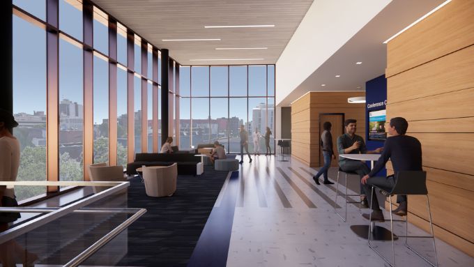 Second-floor lobby space at the top of the stairs.