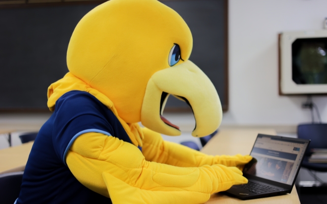 mascot Arvee pictured using laptop mascot Arvee pictured using laptop